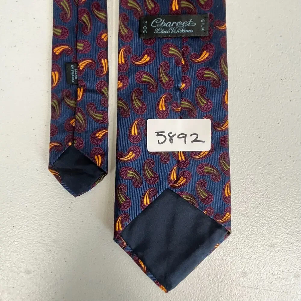 Charvet Place Vendome 100% Silk Men's Necktie Paisley Blue Made in France Satin